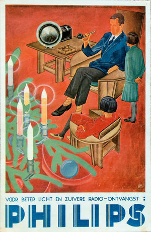 Advertentie voor radio, luidsprekers en kerstboomlampjes, 1928.